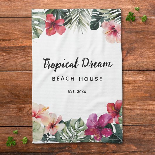 Watercolor Tropical Floral Botanical Beach House Theedoek