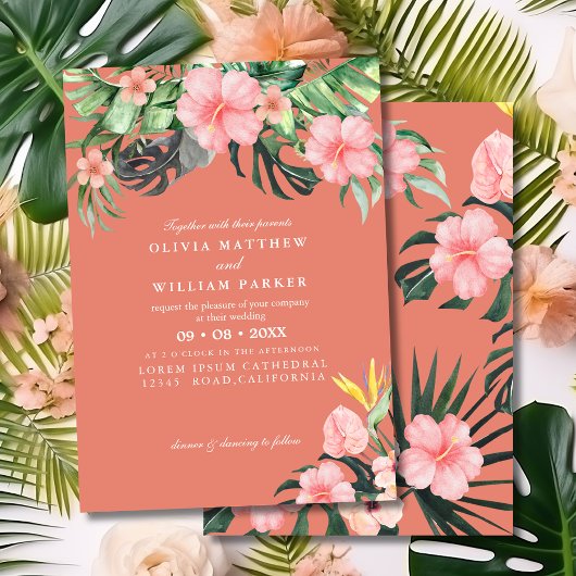 Watercolor Tropical floral Summer Beach Wedding Kaart