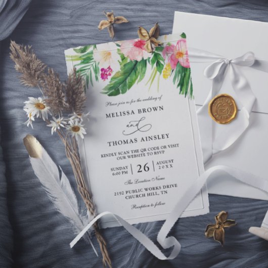 Watercolor Tropical Flowers Budget QR Code Wedding Kaart