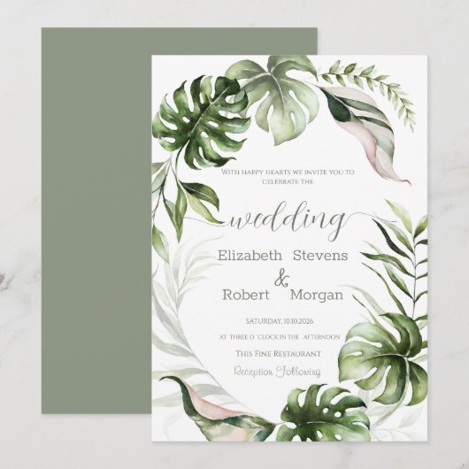 Watercolor Tropical Leaves Greenery  Wedding Kaart (Voorkant / Achterkant)