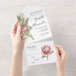 Watercolor Tropical Protea Wedding All In One Uitnodiging