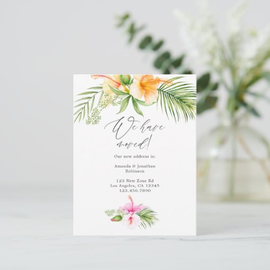 Watercolor Tropisch Bloemmotief Nieuw Adres Aankondigingskaart (Staand voorkant)