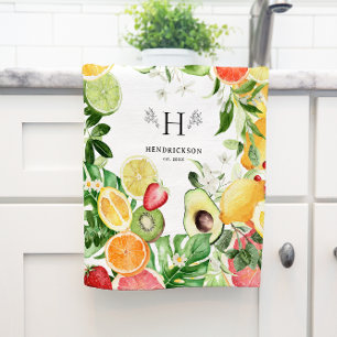 Watercolor Tropisch Citrusfruit Monogram Theedoek