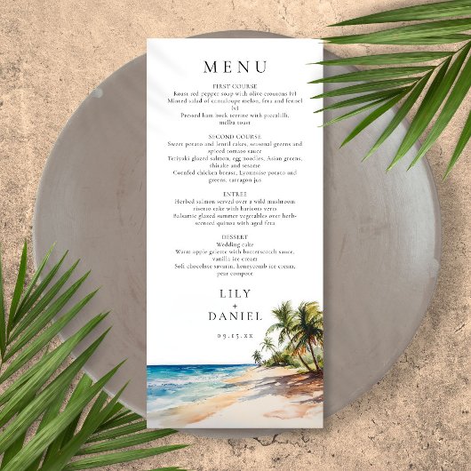 Watercolor Tropisch Strand Bestemming Trouwen Menu