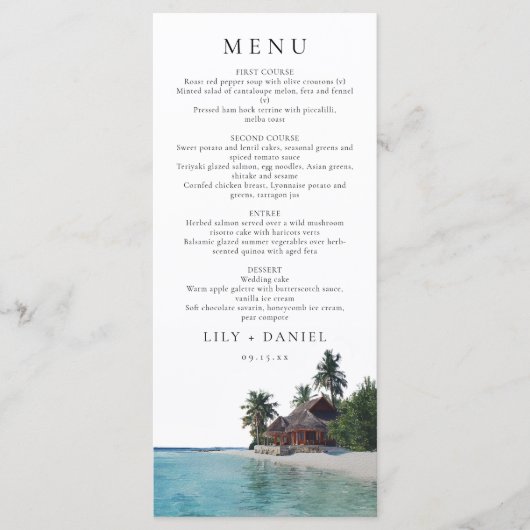 Watercolor Tropisch Strand Bestemming Trouwen Menu (Voorkant)