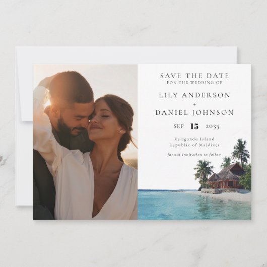 Watercolor Tropisch Strand Foto Bruiloft Save The Date (Voorkant)