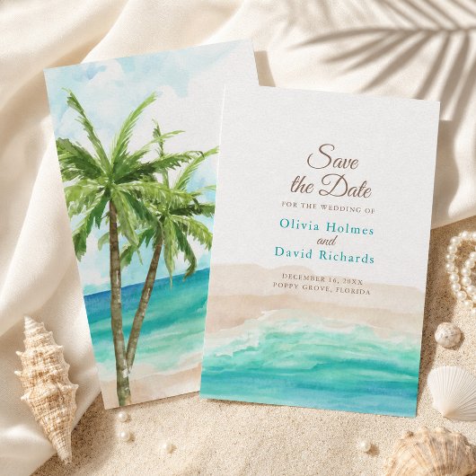 Watercolor Tropisch Strand met Palmbomen Save The Date
