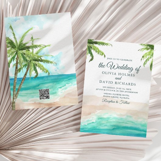 Watercolor Tropisch Strand met QR-code Bruiloft Kaart