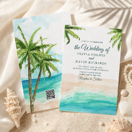 Watercolor Tropisch Strand met QR-code Trouwkaart Kaart