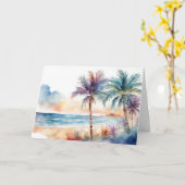 Watercolor Tropisch Strand, Palmbomen Kaart (Gele Bloem)