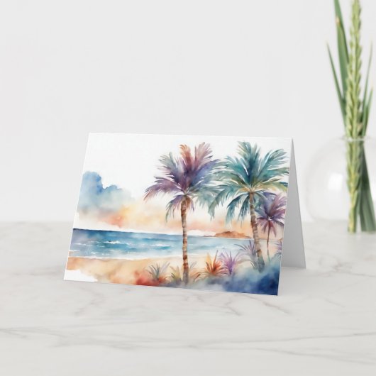 Watercolor Tropisch Strand, Palmbomen Kaart (Voorkant)
