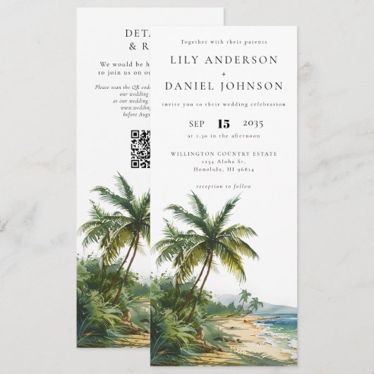 Watercolor Tropisch Strand QR Code Bruiloft Kaart (Voorkant / Achterkant)
