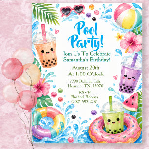 Watercolor Tropisch Zwembad Verjaardagsfeest Kaart