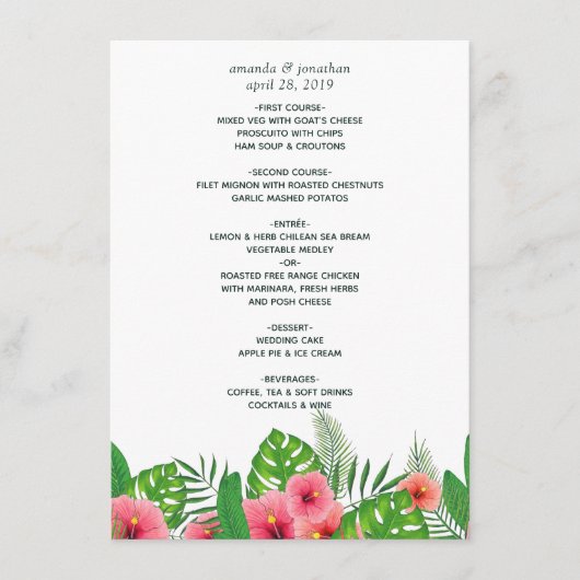 Watercolor Tropische Bladeren Strand Bruiloft Menu (Voorkant)