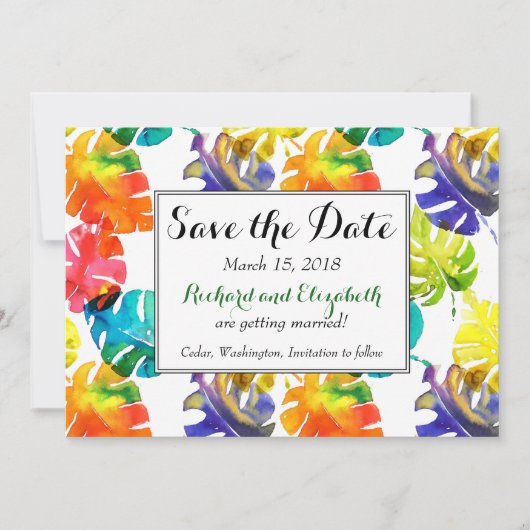 Watercolor Tropische Bladeren trouwkaart Save the  Kaart (Voorkant)