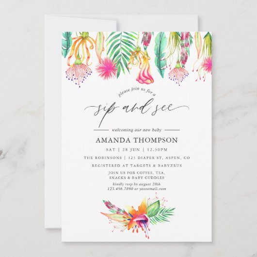 Watercolor Tropische Bloem Sip en Kijk Kaart (Voorkant)