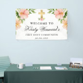 Watercolor Tropische Bloemen Eerste Heilige Commun Spandoek (Beurs)