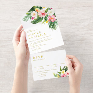 Watercolor Tropische Bloemen en Groene Planten Tro All In One Uitnodiging