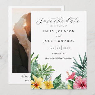 Watercolor Tropische Bloemen Groene Foto Bruiloft Save The Date