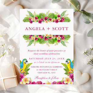 Watercolor Tropische Bloemen & Papegaaien Bruiloft Kaart