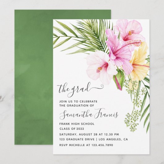 Watercolor Tropische Bloemen Strand Afstudeerfeest Kaart (Voorkant / Achterkant)