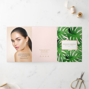 Watercolor Tropische Monstera Bladeren Roze Brochu Drieluik Kaart