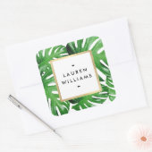 Watercolor Tropische Monstera Bladeren Vierkante Sticker (Envelop)