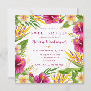 Watercolor Tropische Zomer Bloemen Frame Sweet 16 Kaart