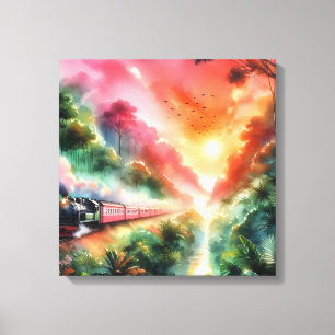 Watercolor Tropische Zonsondergang Treinreis Canvas Afdruk