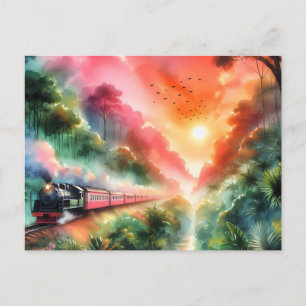 Watercolor Tropische Zonsondergang Treinreis Feestdagenkaart