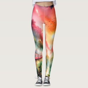Watercolor tropische zonsondergang treinreis leggings