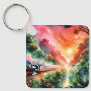 Watercolor tropische zonsondergang treinreis sleutelhanger