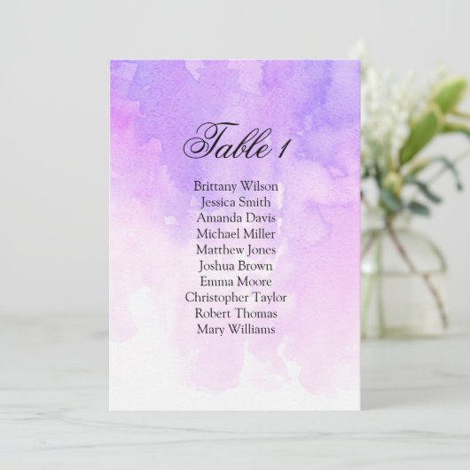 Watercolor trouw zitplaatskaart. Roze en paars Kaart (Staand voorkant)