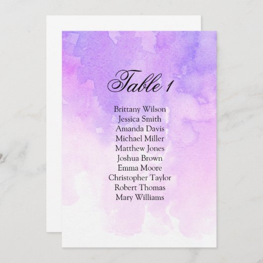 Watercolor trouw zitplaatskaart. Roze en paars Kaart (Voorkant / Achterkant)