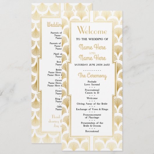 Watercolor trouwprogramma Art Deco Goud 1920 Programmakaart (Voorkant / Achterkant)