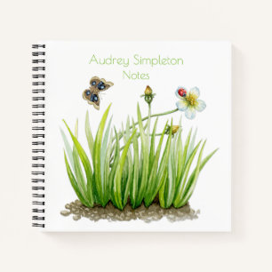 Watercolor Tuin Bloem Vlinder Gras Vierkant   Notitieboek