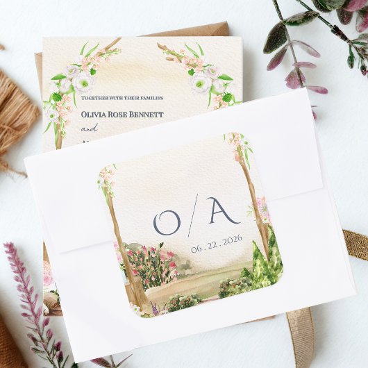 Watercolor Tuinboog Monogram Bruiloft Vierkante Sticker