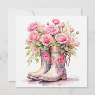 Watercolor Tuinlaarzen met Roze Rozen Kaart