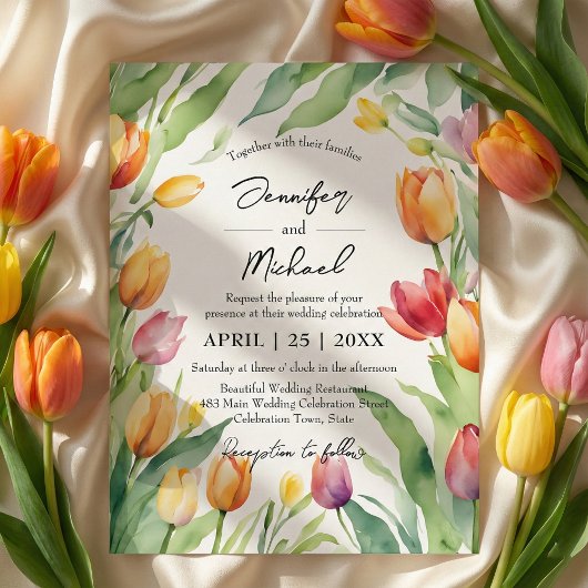 Watercolor Tulip Garden Spring Floral Wedding Kaart