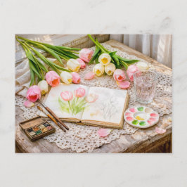 Watercolor Tulips with Brushes and Creative Vintag Briefkaart