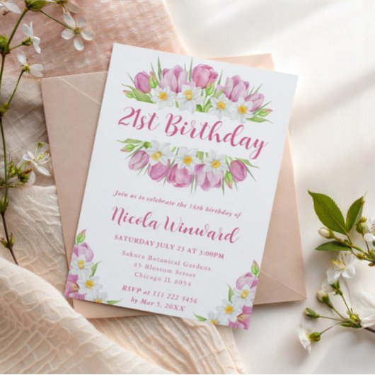 Watercolor Tulp en Narcis Frame Verjaardag Kaart