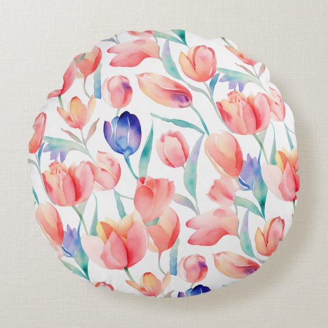 Watercolor Tulp Patronen Ronde Kussen (Voorkant)