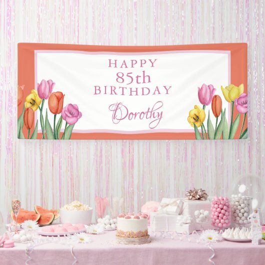 Watercolor Tulpen 85ste Verjaardagsfeest Spandoek (Feest)