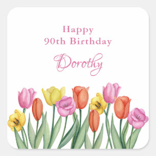 Watercolor Tulpen 90ste Verjaardagsfeest Vierkante Sticker
