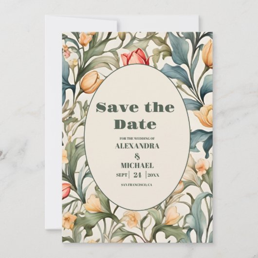 Watercolor Tulpen William Morris Bruiloft Save The Date (Voorkant)