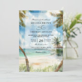 Watercolor Tulum Tropical Beach QR Code Wedding Kaart (Staand voorkant)