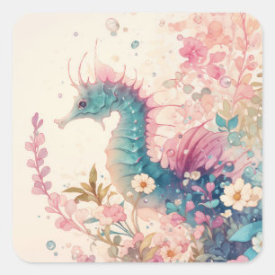 Watercolor Turquoise en Magenta Zeepaardje Vierkante Sticker