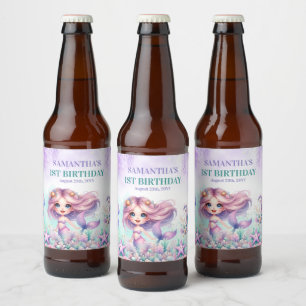 Watercolor turquoise paarse zeemeermin 1e verjaard bier etiket