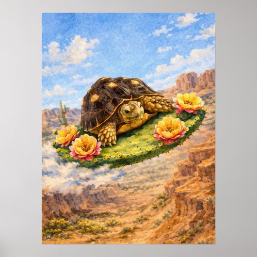 Watercolor Turtle flying on a magic cactus pad Poster (Voorkant)