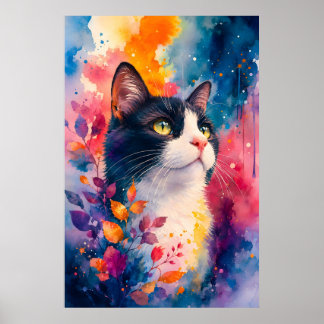 Watercolor tuxedo kat kunst portret levendige kleu poster
